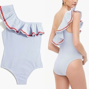J.Crew Blue White Seersucker One Piece Swimsuit red Ruffle 4th of July